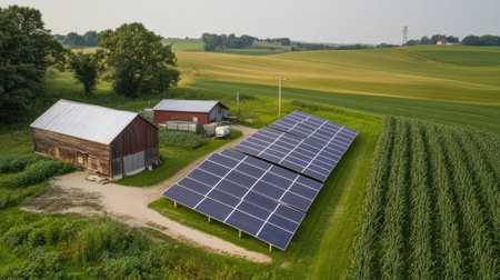 Overhead shot of solar panels on a rural farm, surrounded by fields and open sky for textの素材