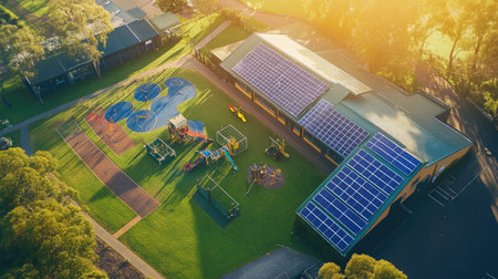 Bird's eye view of solar panels on a rural school, with playground and surrounding landscape for text.の素材