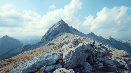 High-angle shot of a rocky mountain peak with a large expanse of sky, ideal for inserting text or logosの素材