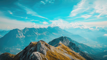 Bird's-eye view of an alpine mountain with a large expanse of blue sky, perfect for a headlineの素材