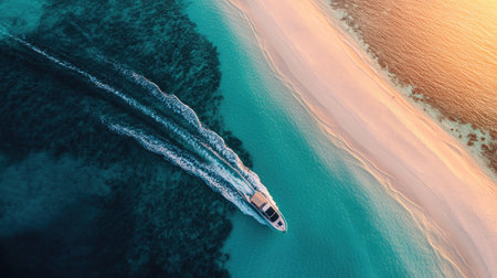 High-angle view of a boat on turquoise waters, approaching a white sandy beach with sunset in the backgroundの素材