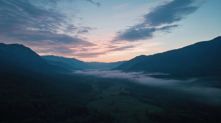 Overhead view of a mountain valley at dawn, with ample space for adding text in the skyの素材