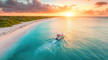 Boat cruising along a tropical coast with white sand, captured from above at sunset with vivid sky colorsの素材