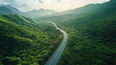 Overhead shot of a scenic road passing through a mountain range, with lush greenery and wide-open space for copy in the sky.の素材