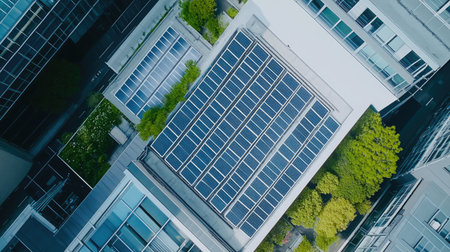 Bird's eye view of solar panels on a modern office building, with urban landscape and clear sky for text.の素材