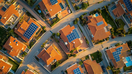 Top view of a residential area with solar panels on multiple rooftops, clear sky above for text.の素材