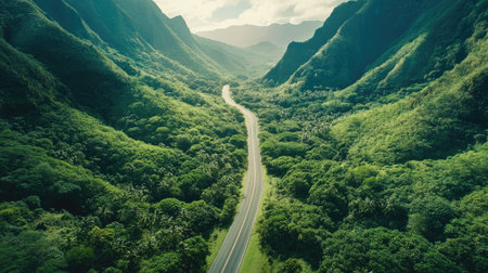 Overhead shot of a scenic road passing through a mountain range, with lush greenery and wide-open space for copy in the sky.の素材