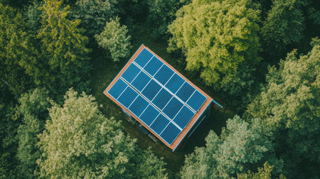 Top view of solar panels on a rural cabin roof, with surrounding forest and ample space in the sky for copy.の素材