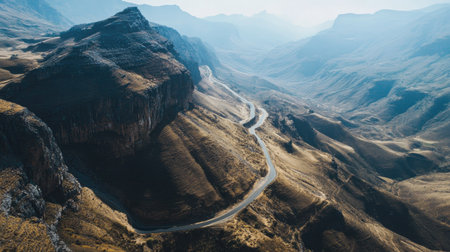 Overhead shot of a mountain pass with winding roads, clear sky for adding textの素材