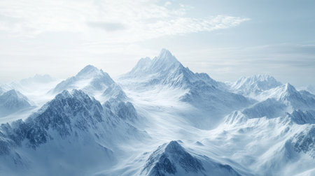 Overhead view of a snow-covered mountain with vast open sky, perfect for placing a headlineの素材