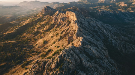 Bird's-eye view of a rugged mountain terrain at sunrise, offering a wide area of clear sky for textの素材