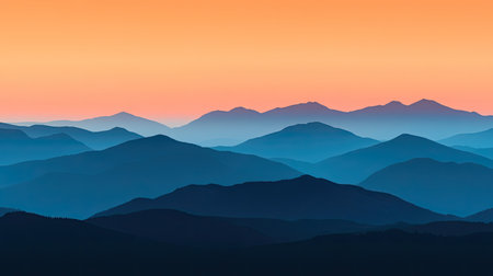 Panoramic top view of a mountain range at sunset, with ample space for text in the skyの素材