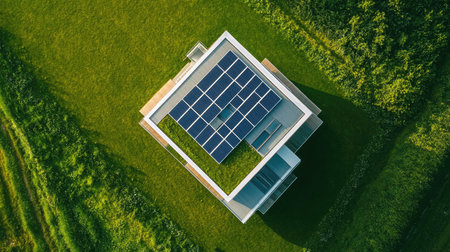 Top-down shot of rooftop solar panels on a modern house, surrounded by green landscape, with copy space in the skyの素材