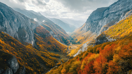 Overhead view of a mountain valley with autumn colors, with open sky for textの素材