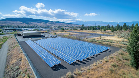 Overhead shot of a solar installation in an industrial park, with surrounding landscape and space for copy in the sky.の素材