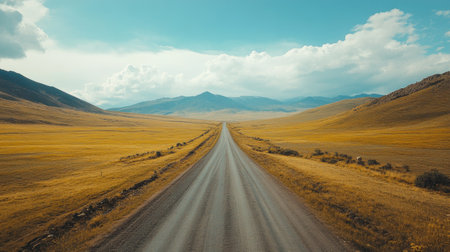 Top view of a solitary road running through a vast mountain landscape, with ample space in the open fields and sky for copy.の素材