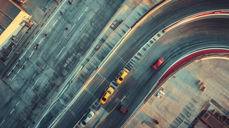 Overhead view of a modern race track, with scattered cars in action, wide asphalt lanes, and plenty of space for copy in the sky area.の素材
