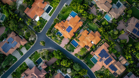 Top view of solar panels in a suburban neighborhood, with clear blue sky for text.の素材
