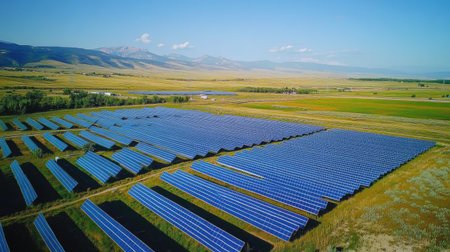 Overhead shot of a solar installation in an industrial park, with surrounding landscape and space for copy in the sky.の素材
