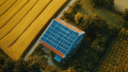 Overhead shot of solar panels on a rural barn, surrounded by fields and ample space for copy in the sky.の素材