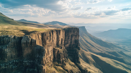Overhead view of a mountain ridge with dramatic cliffs, with ample sky space for a messageの素材
