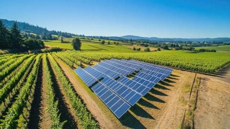 Overhead shot of solar panels on a vineyard, with surrounding fields and clear sky for copy space.の素材