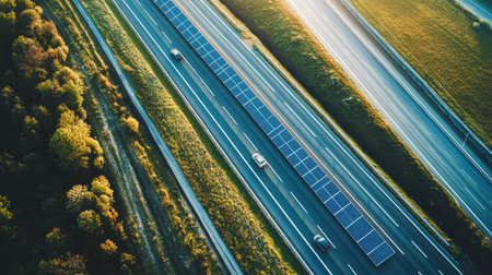 Overhead view of a solar farm next to a highway, with clear sky for text placement.の素材
