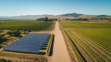Overhead shot of solar panels on a vineyard, with surrounding fields and clear sky for copy space.の素材