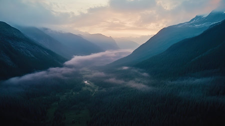 Overhead view of a mountain valley at dawn, with ample space for adding text in the skyの素材