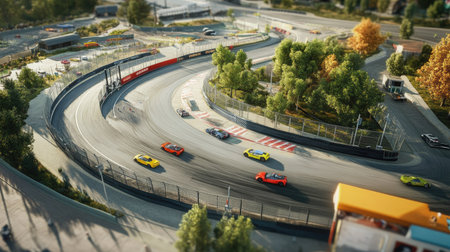 Overhead view of a modern race track, with scattered cars in action, wide asphalt lanes, and plenty of space for copy in the sky area.の素材