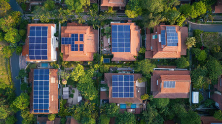 Top view of solar panels on a residential complex, with ample space in the sky for copy.の素材