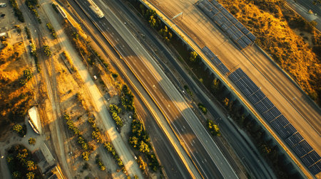 Overhead view of a solar farm next to a highway, with clear sky for text placement.の素材