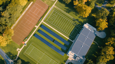 Overhead view of solar panels on a school campus, with sports fields and open sky for copy.の素材