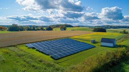 Overhead view of a solar installation in a rural area, with surrounding fields and sky for copy.の素材