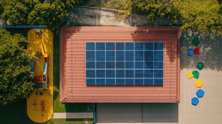 Top-down shot of solar panels on a school roof, with a playground and clear sky for text placement.の素材