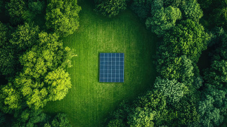 Top-down shot of a solar array in a green field, with surrounding trees and ample space for copy in the sky.の素材
