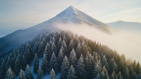 Top view of a snowy mountain peak surrounded by evergreen trees, with open sky for textの素材
