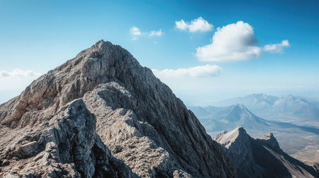 Top view of a rugged mountain peak with a large expanse of blue sky, perfect for a messageの素材