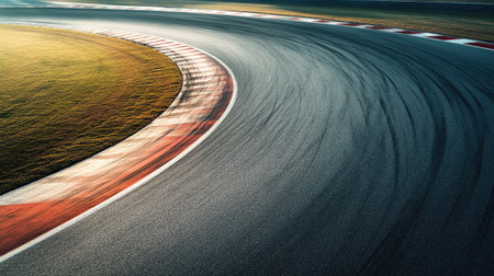Top-down shot of an empty race track featuring sharp turns and long straights, clear skies above, with copy space along the track.の素材