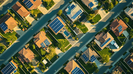 Top view of solar panels in a suburban neighborhood, with clear blue sky for text.の素材