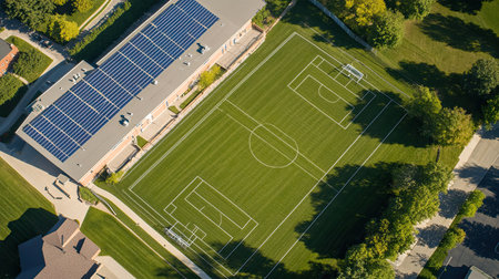 Overhead view of solar panels on a school campus, with sports fields and open sky for copy.の素材