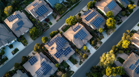 Top view of a residential area with solar panels on multiple rooftops, clear sky above for text.の素材