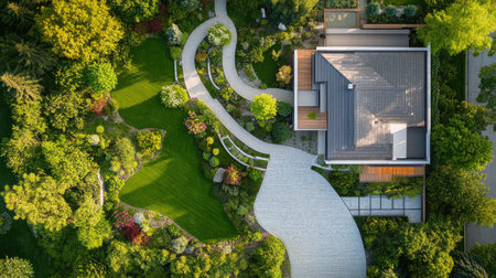 Top-down shot of a landscape design plan showing a house, driveway, and detailed garden layout, with ample space for copy in the surrounding area.の素材