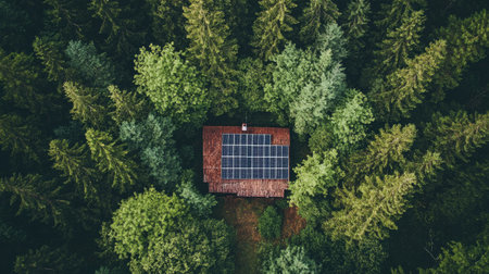 Top view of solar panels on a rural cabin roof, with surrounding forest and ample space in the sky for copy.の素材
