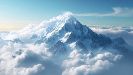 Top-down view of a snow-capped mountain peak surrounded by clouds, perfect for adding a messageの素材