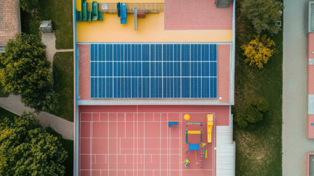 Top-down shot of solar panels on a school roof, with a playground and clear sky for text placement.の素材