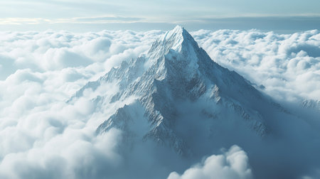 Top-down view of a snow-capped mountain peak surrounded by clouds, perfect for adding a messageの素材