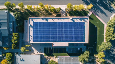 Top-down view of solar panels on a community center roof, with surrounding landscape and clear sky for copy.の素材