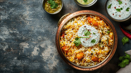 Flat lay of biryani served in a traditional copper pot with raita, copy space in the top half.の素材
