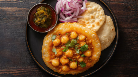 Flat lay of chole bhature on a plate with onions and pickle, copy space on the left side.の素材